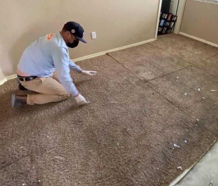Male SERVPRO employee removing carpet from floor