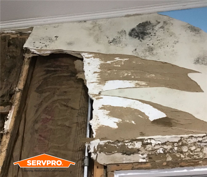 Drywall peeling from water damage with SERVPRO Logo in bottom left corner