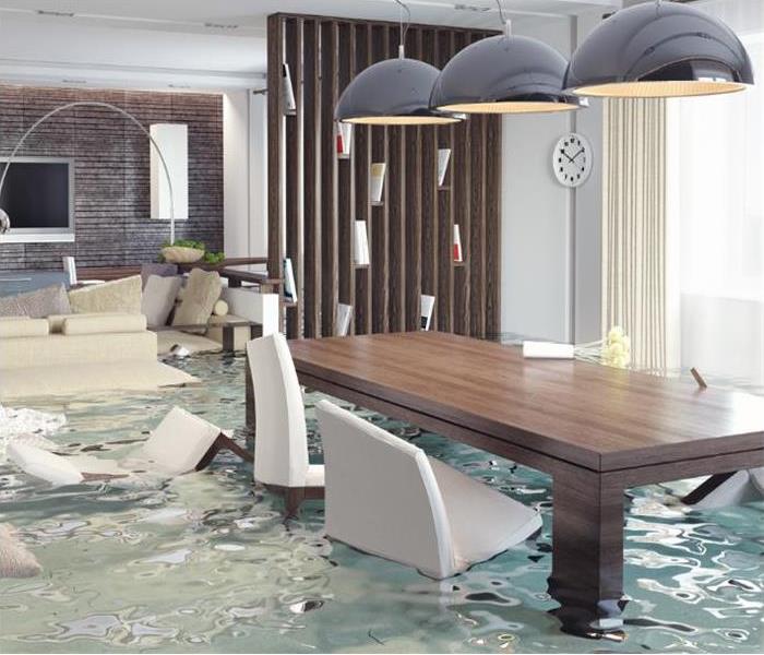 Dining and Living room with floor water present 