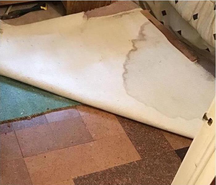 carpet peeled back revealing water damage